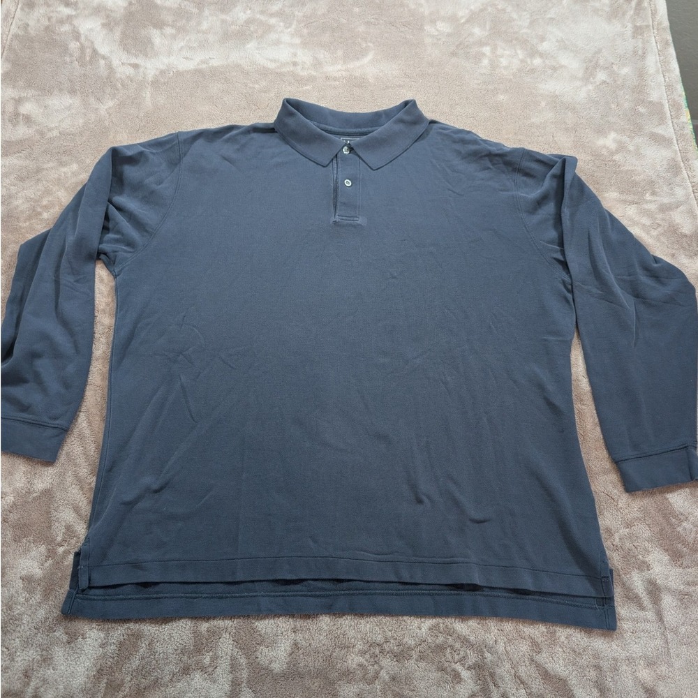 LL Bean Mens XL Long Sleeve Polo Shirt Navy Blue Cotton Pique 236477 Flawed